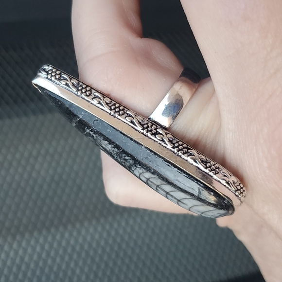 New Oversized Orthoceras Fossil 925 Silver Statement Ring. - Picture 5 of 16